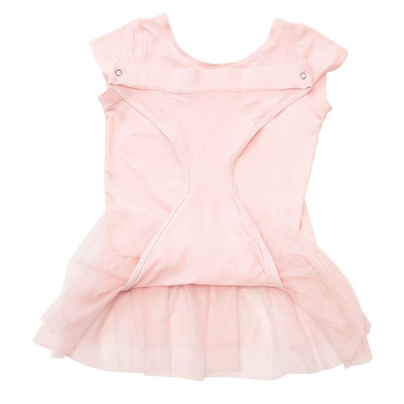 FASTEN cap sleeve leotard with tutu. Patented design opens and closes at the waist via hidden magnets and snaps. No need to remove leotard for potty break! Available in black and light pink. Sizes 2T-6. Hidden magnet in back.