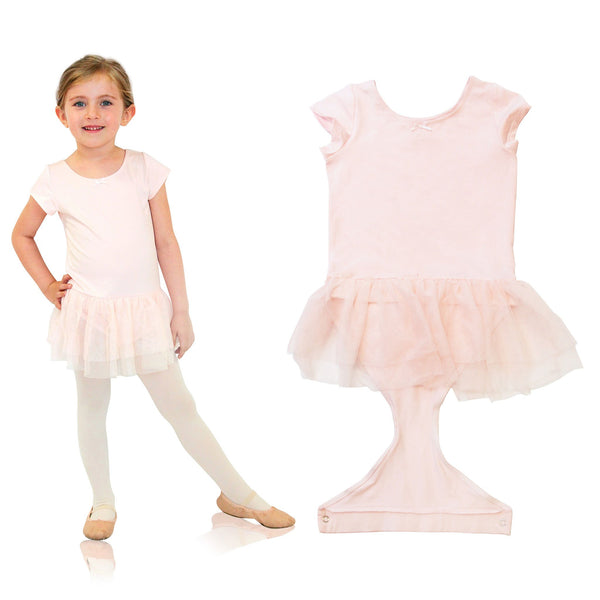 FASTEN cap sleeve leotard with tutu. Patented design opens and closes at the waist via hidden magnets and snaps. No need to remove leotard for potty break! Available in black and light pink. Sizes 2T-6. Pink leotard. Black leotard.