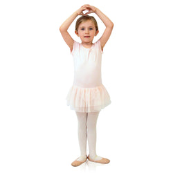 FASTEN cap sleeve leotard with tutu. Patented design opens and closes at the waist via hidden magnets and snaps. No need to remove leotard for potty break! Available in black and light pink. Sizes 2T-6.