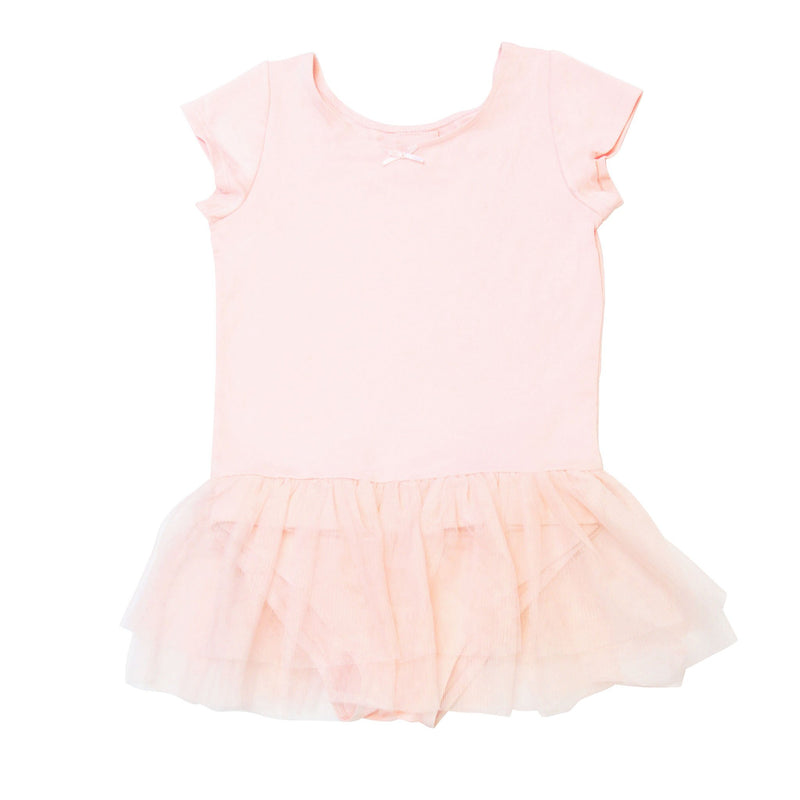 FASTEN cap sleeve leotard with tutu. Patented design opens and closes at the waist via hidden magnets and snaps. No need to remove leotard for potty break! Available in black and light pink. Sizes 2T-6.