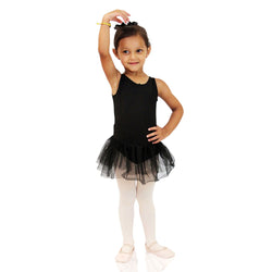 FASTEN tank leotard with tutu. Patented design opens and closes at the waist via hidden magnets and snaps. No need to remove leotard for potty break! Available in black and light pink. Sizes 2T-6.