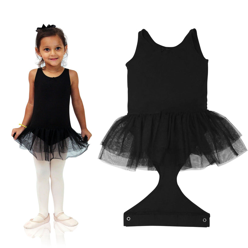 FASTEN tank leotard with tutu. Patented design opens and closes at the waist via hidden magnets and snaps. No need to remove leotard for potty break! Available in black and light pink. Sizes 2T-6.